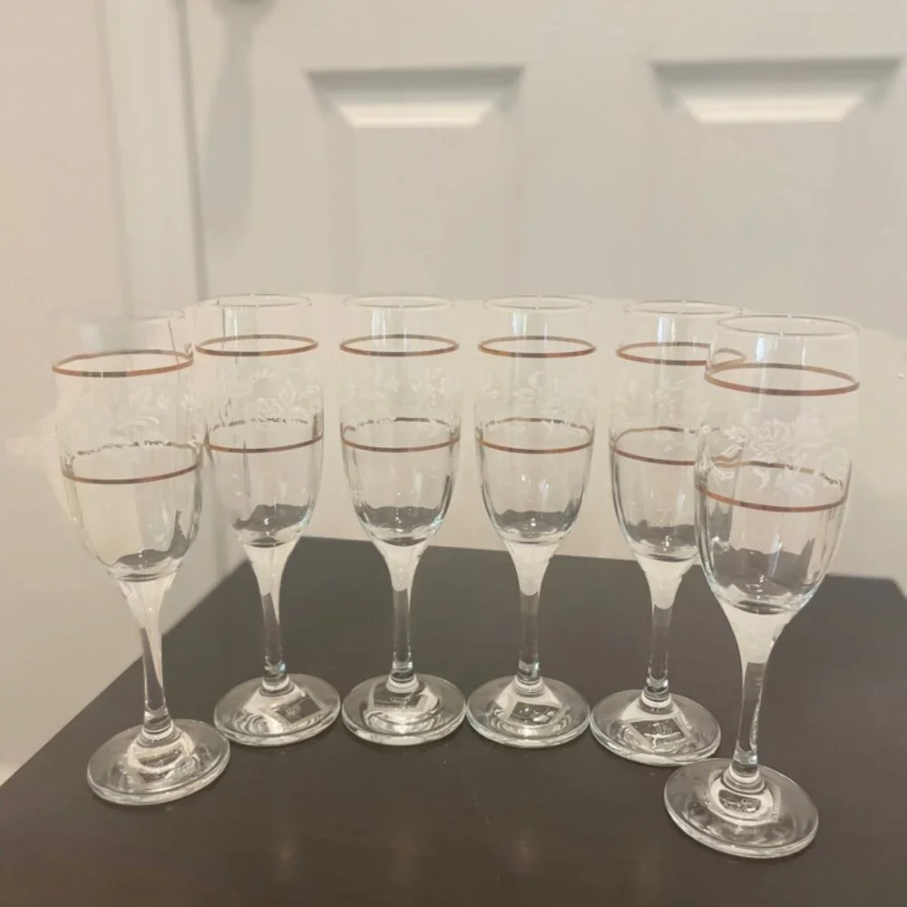 CICLE WARE SET OF 6‎ CHAMPAGNE FLUTES DUTCHES GOLD RIM FLORAL MADE IN TURKEY